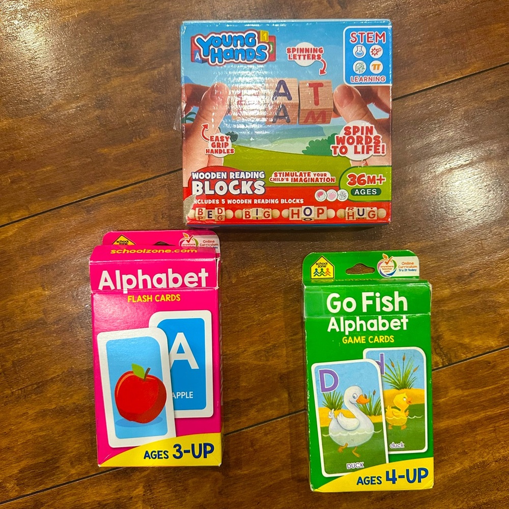 Young Hands Wooden Reading Blocks and School Zone Alphabet Go Fish/Flash Cards